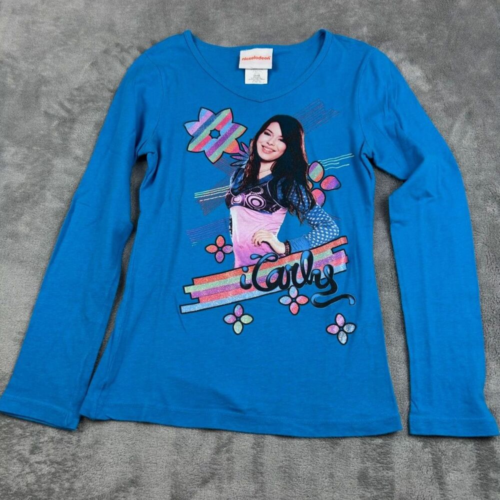 Nickelodeon iCarly Girls L 10/12 Blue Long Sleeve Graphic Shirt Y2K Era
